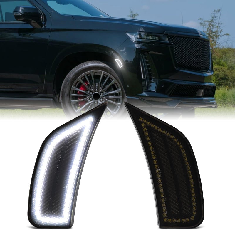 White LED Side Marker Lights for 2021 2022 2023 Chevy Tahoe Suburban GMC Yukon XL Denali Cadillac Escalade ESV Smoked Lens Front Fender Parking Lamp